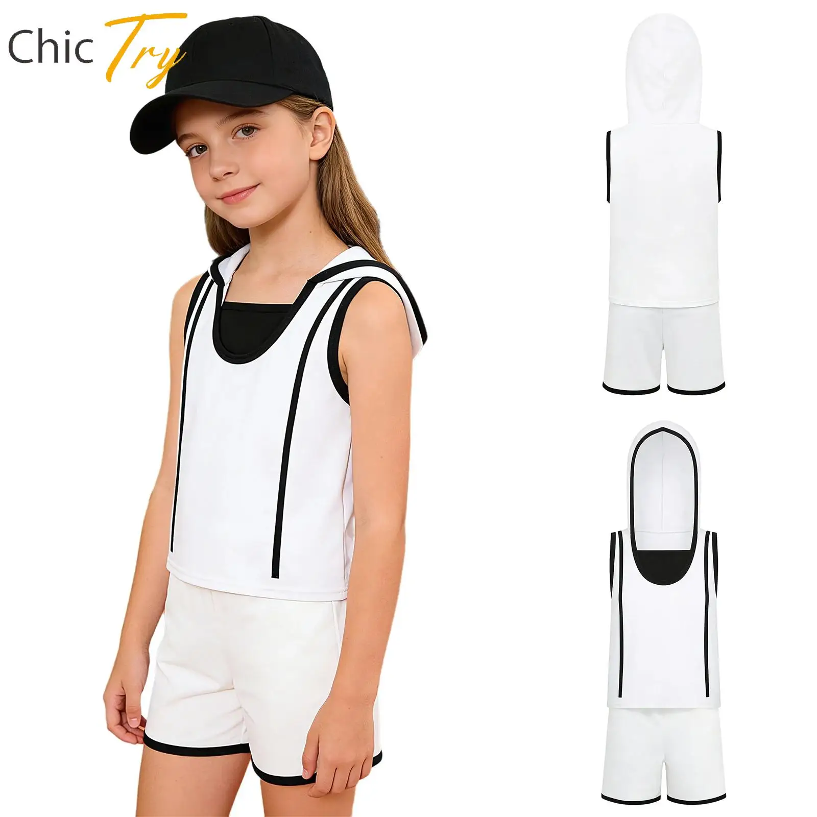 

Kids Girls Stylish Sports Suit Sleeveless Hooded Vest+Shorts 2-piece Sets Hip-Hop Dance Performance Casual Weekend Travel Outfit
