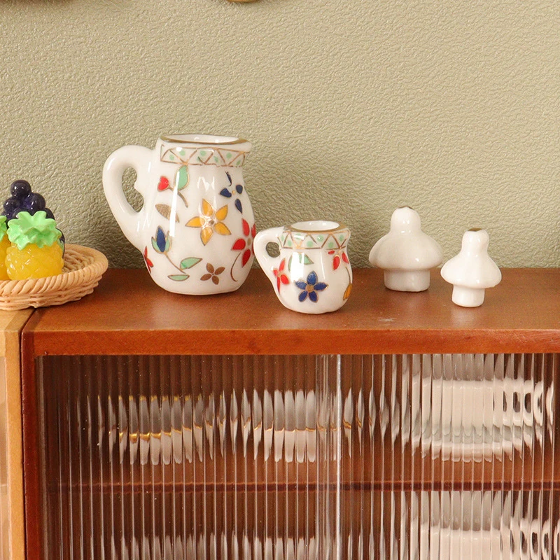 3 Stuks 1:12 Poppenhuis Miniatuur Keramische Pot Ketel Theepot Set Mini Simulatie Thee Cup Servies Porselein Model Keuken Decor Speelgoed