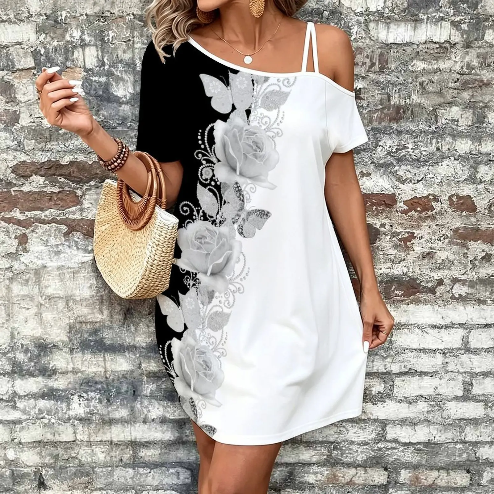 Women Print Cold Shoulder Short Sleeve Mini Dress Irregular Off Shoulder Casual Loose Tunic Dress