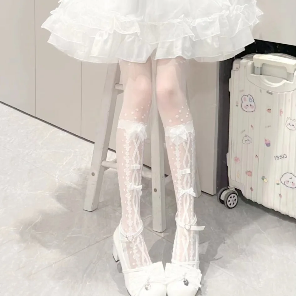 Bas Sexy en dentelle avec nœud papillon, accessoire de Costume de Cosplay, robe Lolita Kawaii, chaussettes hautes aux genoux, Legging pour fille douce, bonneterie uniforme JK