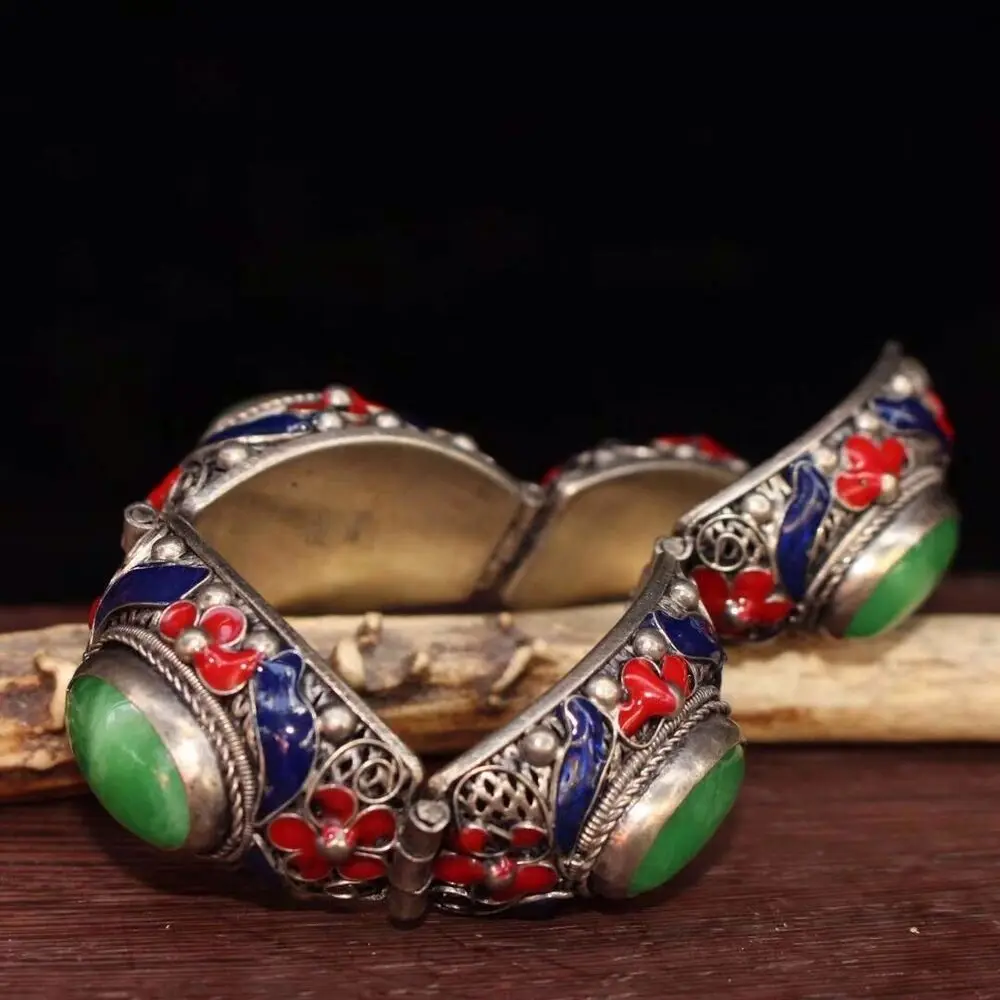 

Chinese Old Tibetan Silver Inlay Jade Bracelet