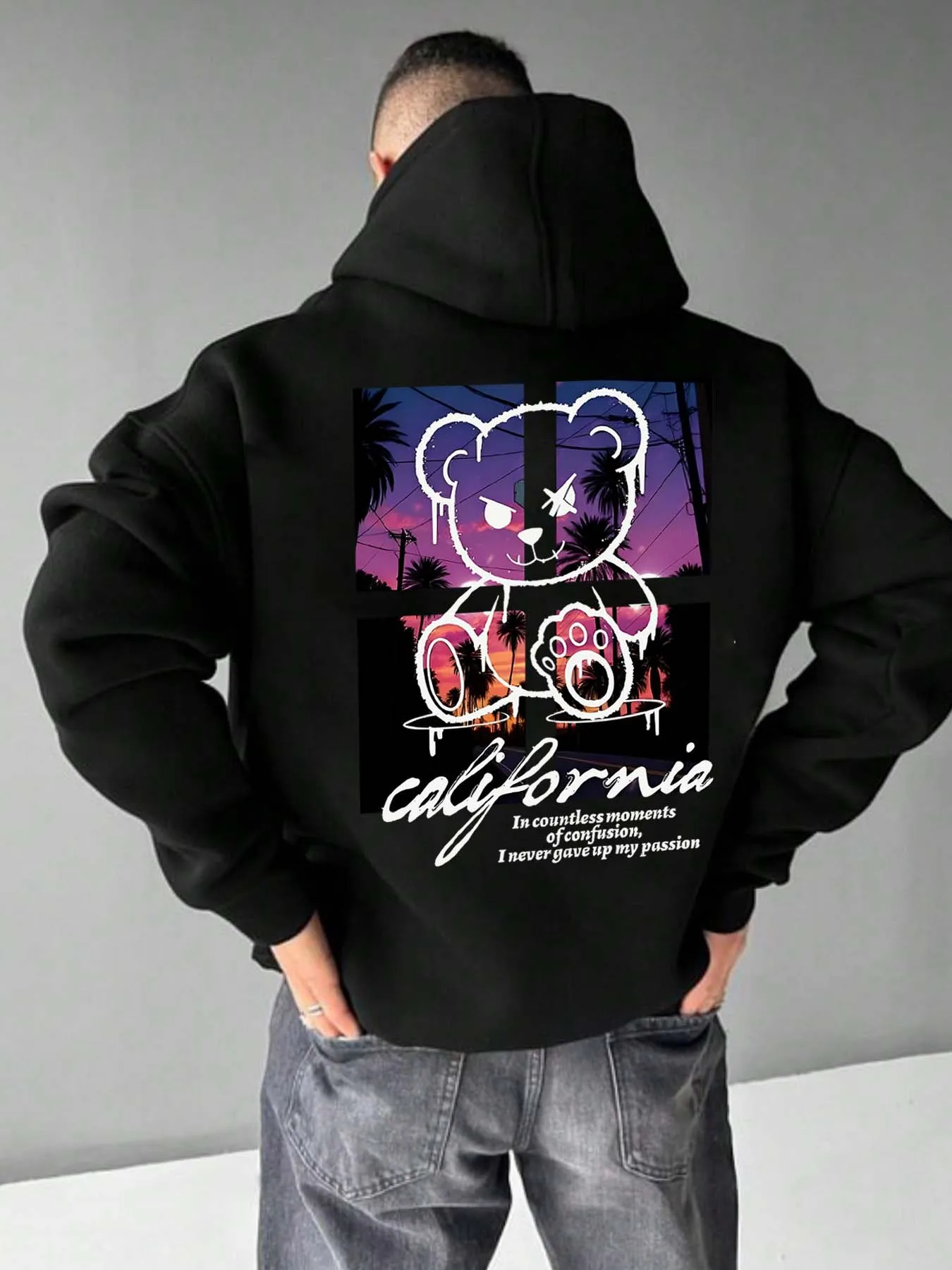 

Мужская толстовка с капюшоном для осени и зимы сзадиPrintofCaliforniaSunset Bear PatternSuitableforHomeOutdoorOfficeПодарок и ветрозащитное использование