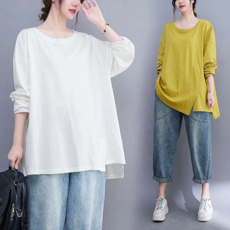 Luźna długa koszulka damska, kolorowa, codzienna bluzka, koreański styl, bazowa warstwa, wiosna-jesień, nowość, rozmiar plus size.