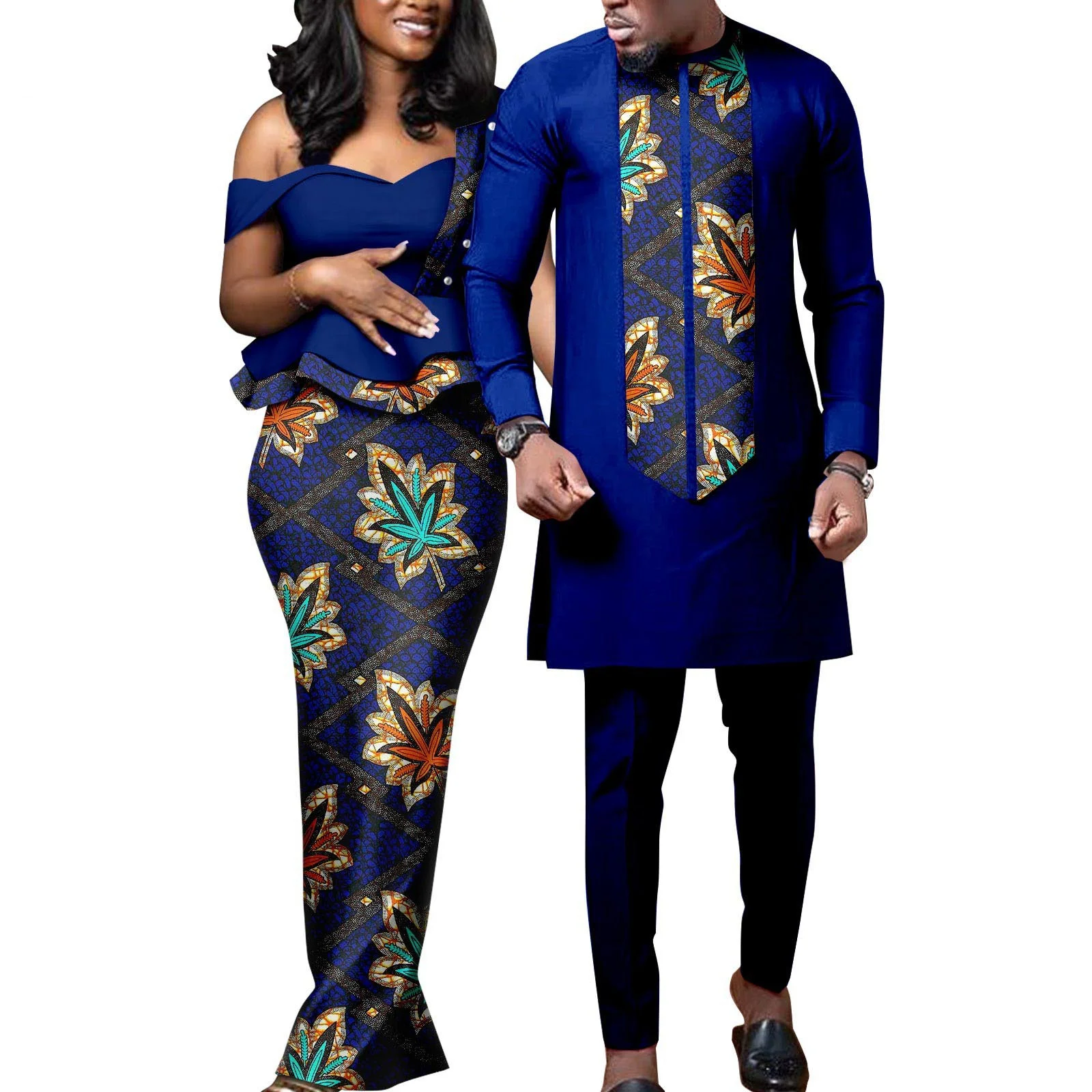 African Dresses for Women Match Bazin Lover Couple Clothes Print Mermaid Evening Dresses Men Outfits Shirt and Pant Sets Wedding