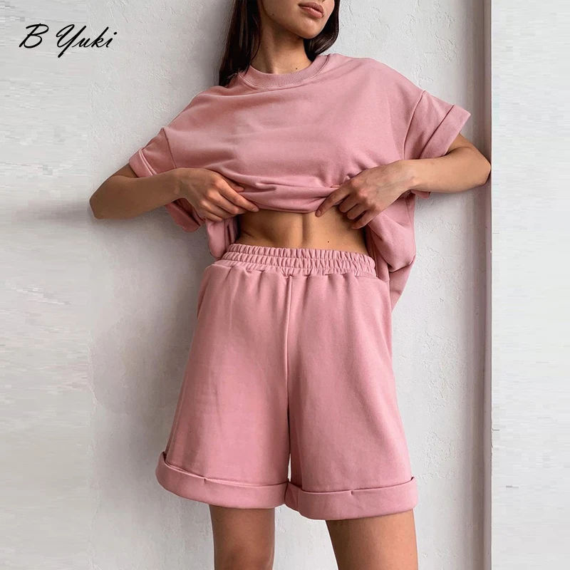 Blessyuki Cotton Sets Women 2023 Summer New Casual Two Pieces Short Sleeve Tops and Short Pants Casual Solid Outfits Tracksuit