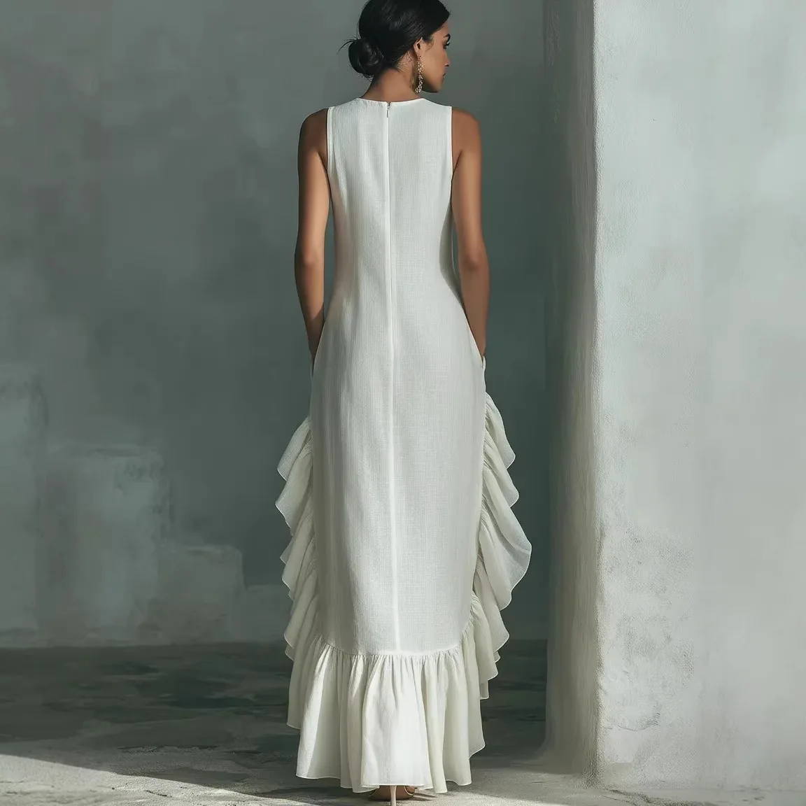Retro Solid Sleeveless Long Dress Women 2026 Fashion O Neck Loose Maxi Dress Summer Ruffle Hem Tank Boho Beach Dress Sundress - Image 3