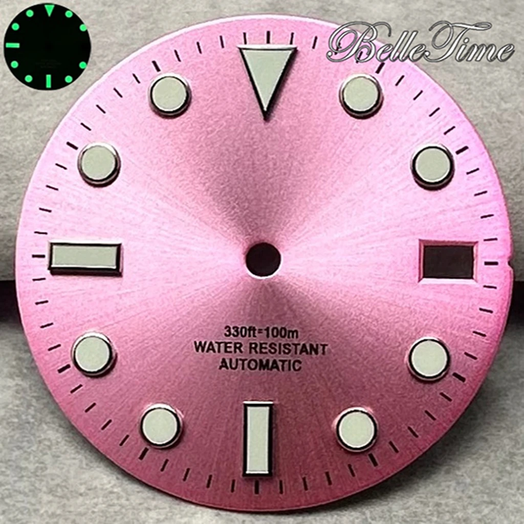 28.5mm Pink NH35 NH36 Dial Watch High Quality Date Window Green Luminous  Dial Fit NH35 /NH36/4R/7S Automatic Movement