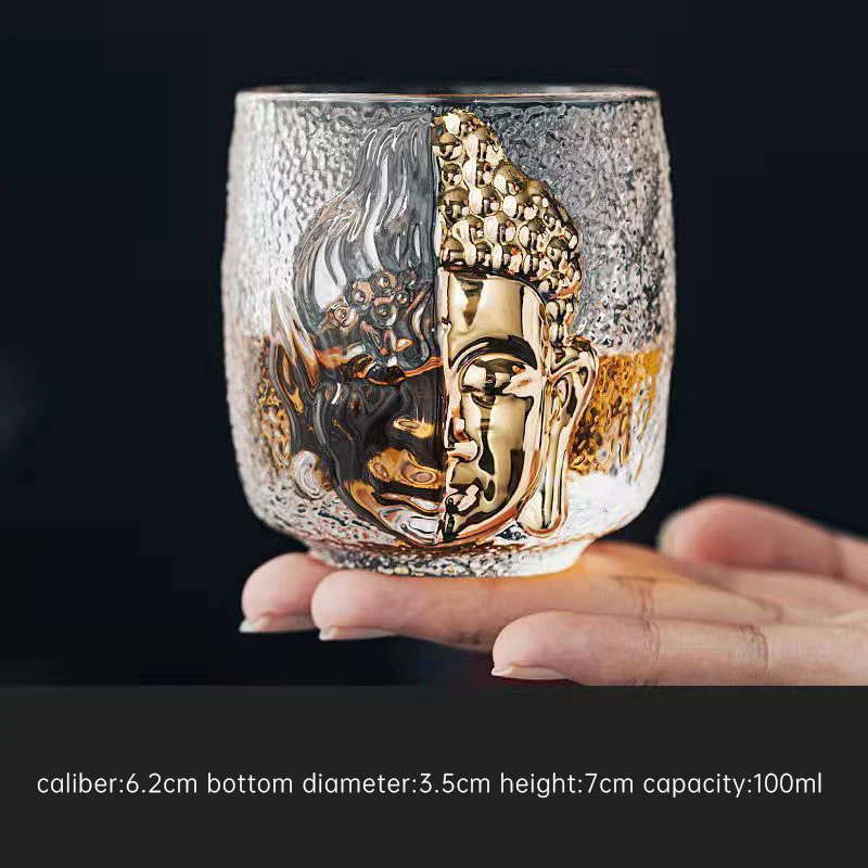 

3D Relief Crystal Shot Glass Buddhist Zen Devil Or Buddha Religion Azure Stone Sake Wine Cup Liquor Vodka Whisky Tumbler Teacup