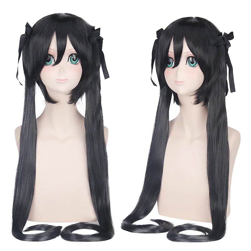 

Synthetic Black Short Wig with Twin Ponytail Extension for Anime Party Roleplay Costume Daily Use Girls Cosplay Hair