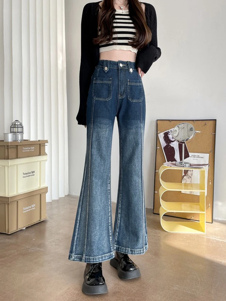 

Women's Chic Gradient Color Ankle Length Flare Jeans Spring Summer Lady Casual Streetwear High Waist Boot Cut Denim Pants