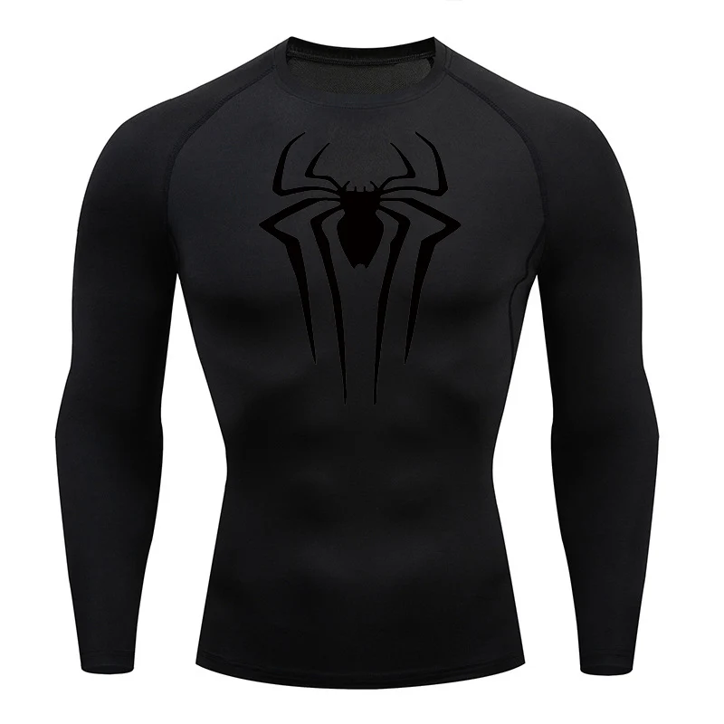 Spider Print Long Sleeve Compression Shirts for Men Gym Workout Rash Guard Undershirts Baselayers Athletic Quick Dry Tees Tops