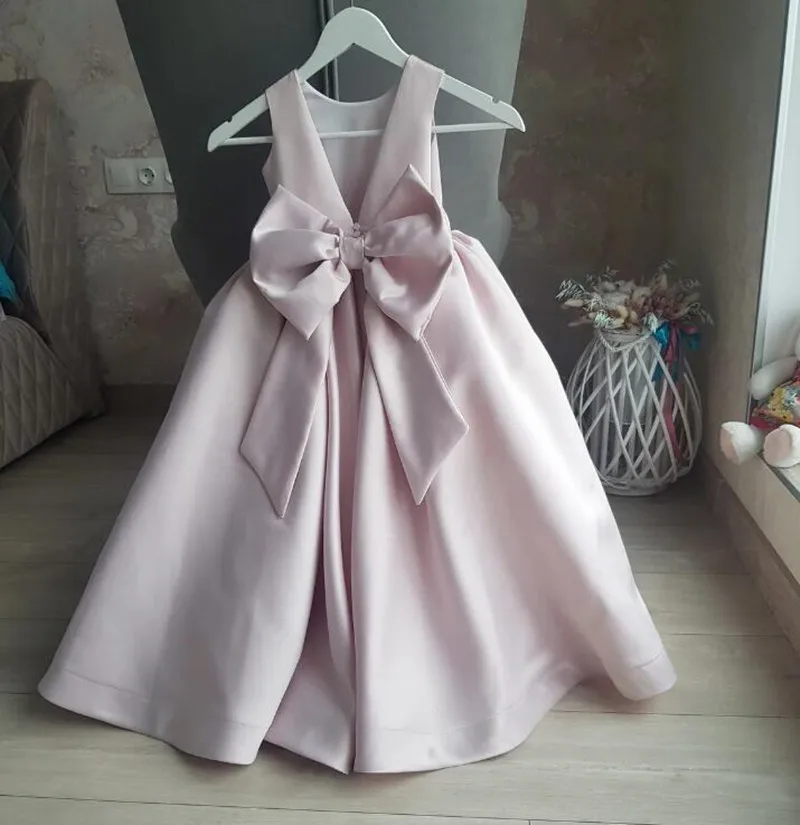 Dusty Rose Flower Girl Dress Satin Baby Dress First Birthday Dress Baby Wedding Dress Toddler Gown with Detachable Train