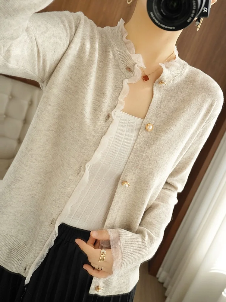 TuangBiang Autumn 2022 Lace Patchwork Women Ruffles Cardigan ONeck Pearl Button Long Sleeve Coat Cotton Single-Breasted Knit Top