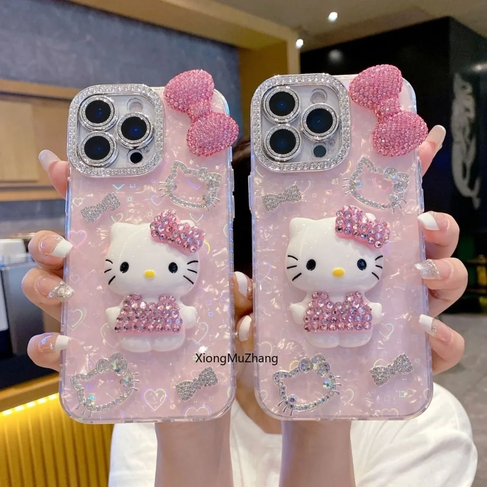 

Sanrio Hello Kitty Luxury 3D Flash Diamond Bow Glitter Cat Phone Case for IPhone 15 13 14 12 16 Pro Max 11 Pink Blingbling Cover