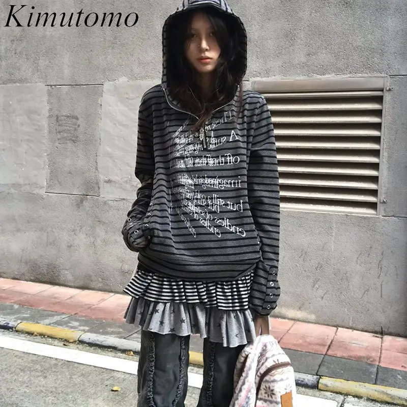 

Kimutomo толстовки женские осень-зима контрастные полосатые молнии с длинным рукавом винтажные с буквенным принтом Y2k Harajuku женские повседневные