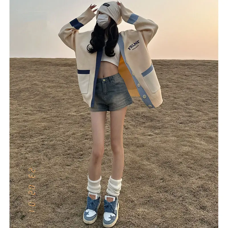 

High Waist Distressed Denim Shorts Women's Summer plus Size A-Line Straight Leg Hot Pants Retro American Style Cotton Stretch