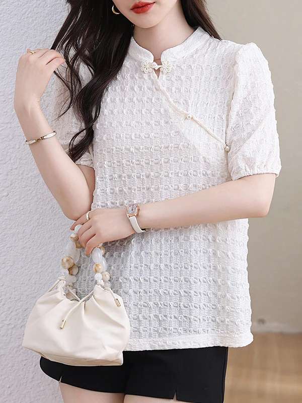 

New Chinese Style Shirt White Moonlight Series Women's Short Sleeve Texture Feeling Button Slanted T-Shirt Summer Fashion