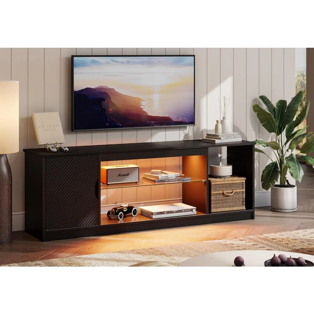 حامل تلفزيون للألعاب الحديث لأجهزة التلفاز مقاس 55-65 بوصة، مركز ترفيه LED مع رف زجاجي قابل للتعديل لوحدة تحكم PS5