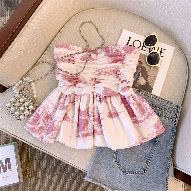 Temperament Oil Painting Floral Strapless Vest For Women French Style Corset Top Halter Tanks & Camis Fairy Grunge Sexy Blusa