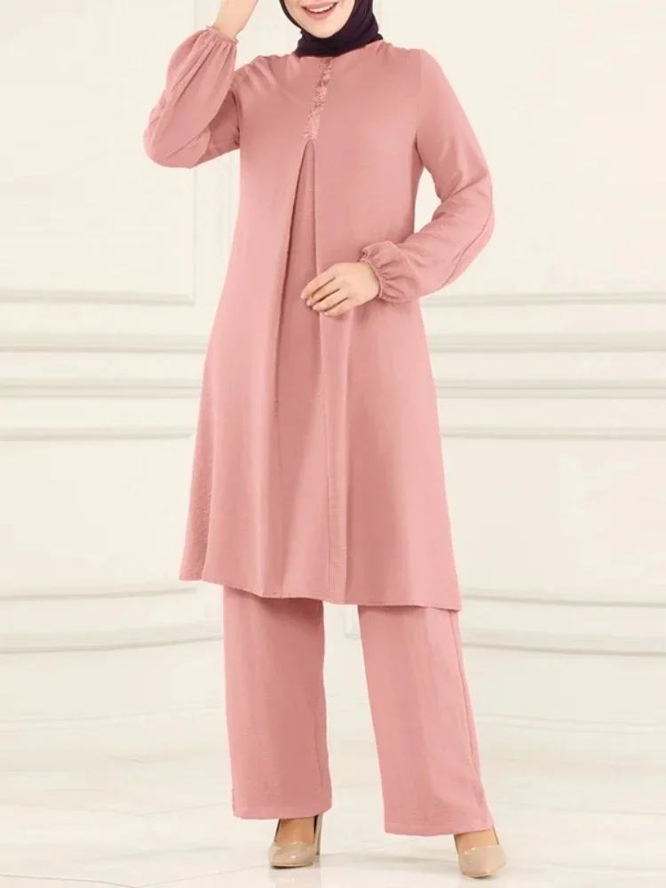 Casual Muslim Dress for Women Blouse 2 Piece Set Long Sleeve Shirt Wide Leg Pant Suits Saudi Arabic Dubai Dresses Autumn 2023