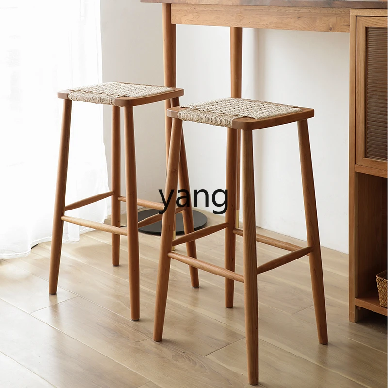 

LTT Nordic solid wood square stool Cherry wood rattan high stool Simple Japanese high stool