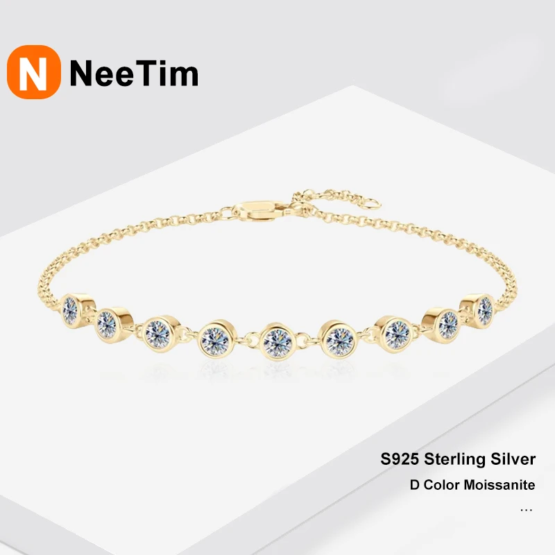 

NeeTim Full Moissanite Bracelets for Women s925 Sterling Silver with White Yellow Gold Plated Lab Diamond Bracelet Fine Jewelry