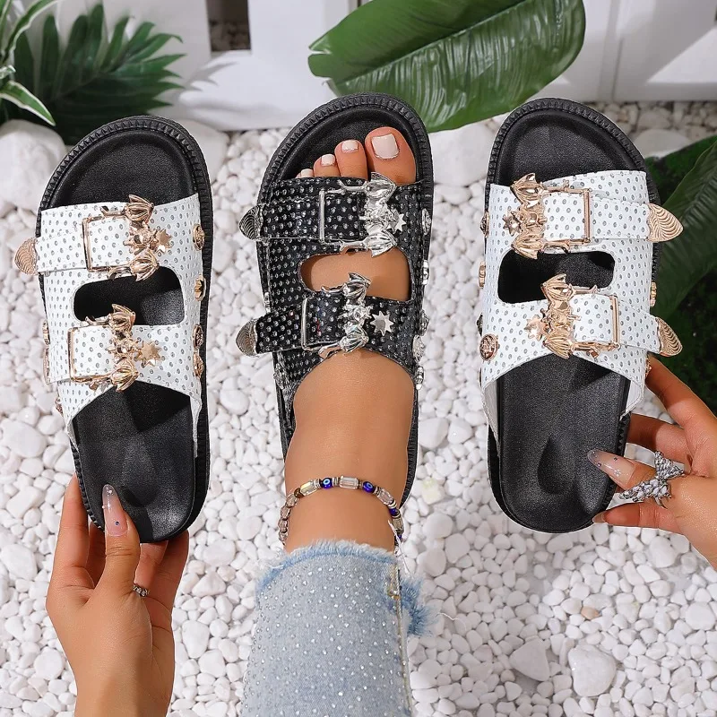 Women's Fish Mouth Open Toe  Double Bat Style Buckle Strap Comfortable Hollow Out Slippers Women Summer Fashion Casual Sandals