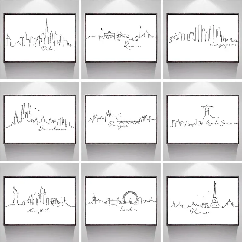 World City London New York Paris Line Drawing Poster Nordic Art Print Black White Painting Canvas Minimalist Picture Home Dec
