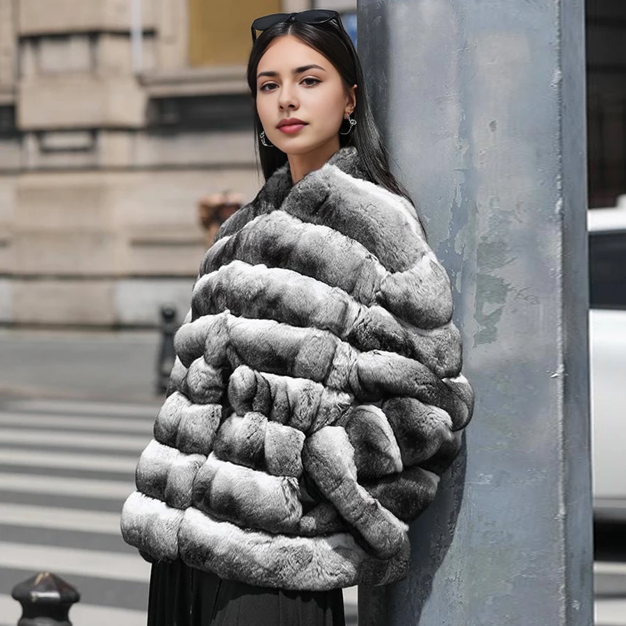 Rabbit Fur Coat With V-Neck Furry Jacket Chichilla Rex Rabbit Fur Coat New Arrivals Women's Natural Fur Coat