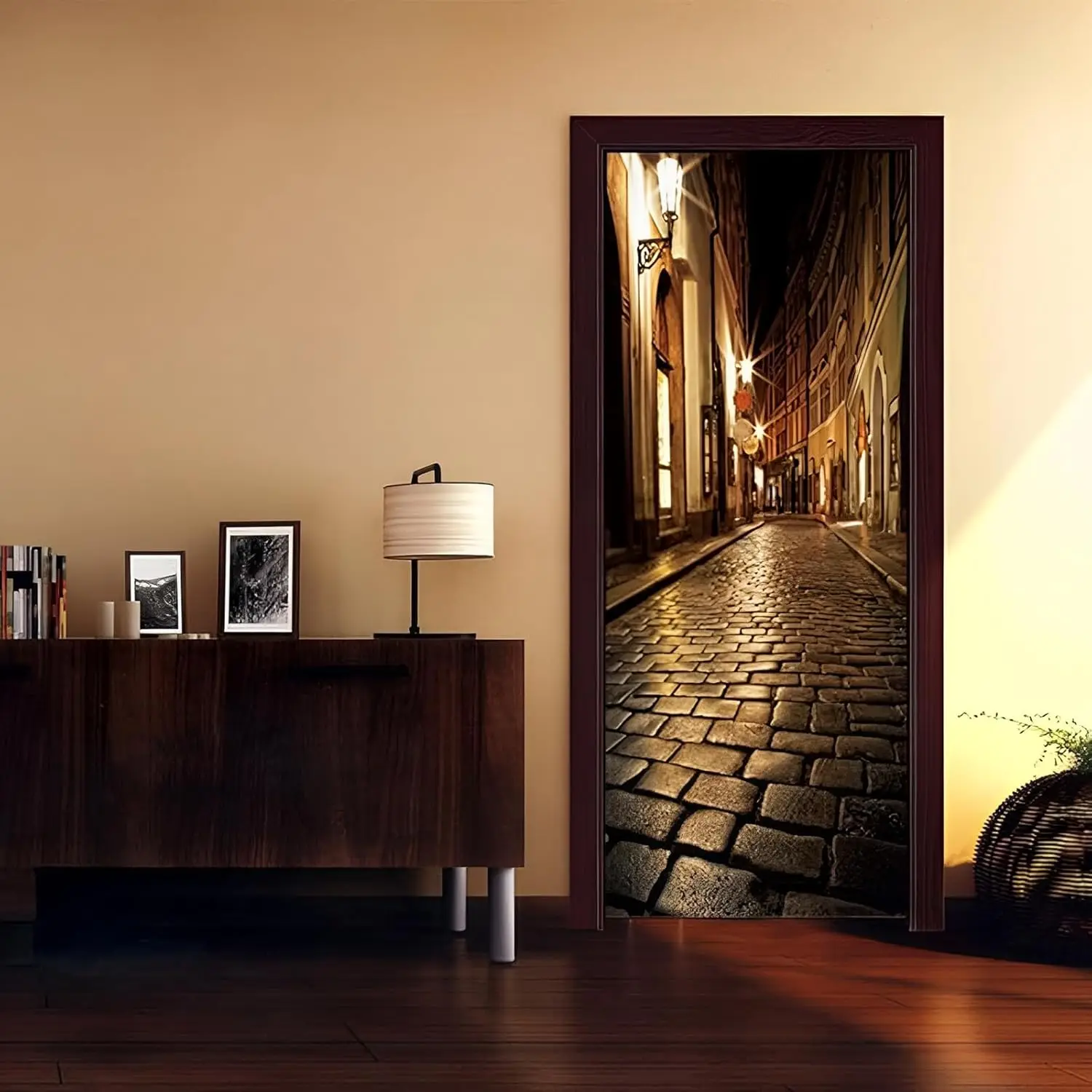 Vintage Cobblestone Alley Door Decal, Retro City Night PVC Door Sticker, Waterproof Removable Wallpaper for Home Decor