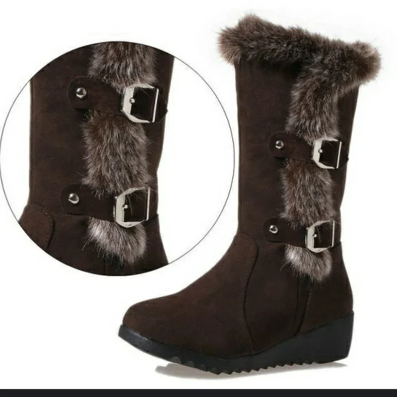 Nowe zimowe buty damskie Casual Warm Fur Mid-Calf Boots Shoes Women Slip-On Round Toe Wedges Snow Boots Shoes Muje Plus Size 42