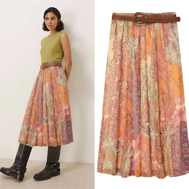 Women's Midi Skirt 2026 New Fashion Summer Paisley Print Midi Dress Women's Midi Skirt