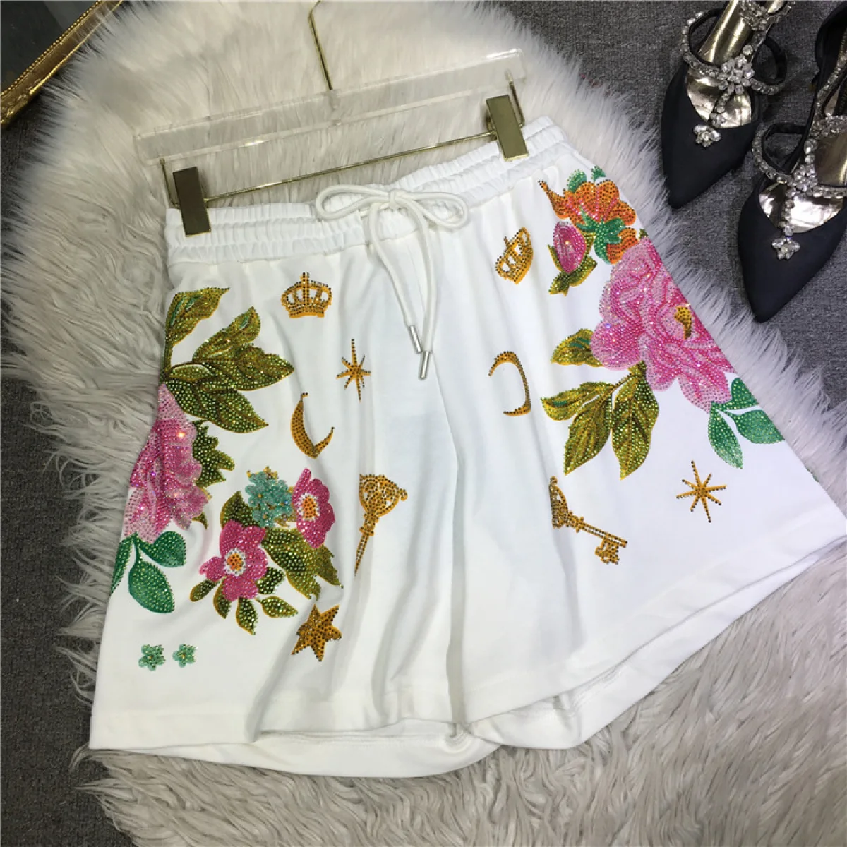 Homewear strass elástico para mulheres, shorts casuais de cintura alta, calças florais soltas, plus size, 150 kg