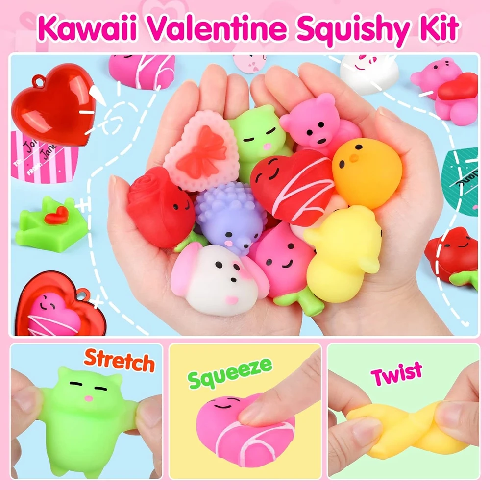 Valentine Day 30PCS Squishy Toy with 10PCS Heart-Shape Box Card Party Favors Mochi Fidget Squishies Stress Relief Toys Gifts