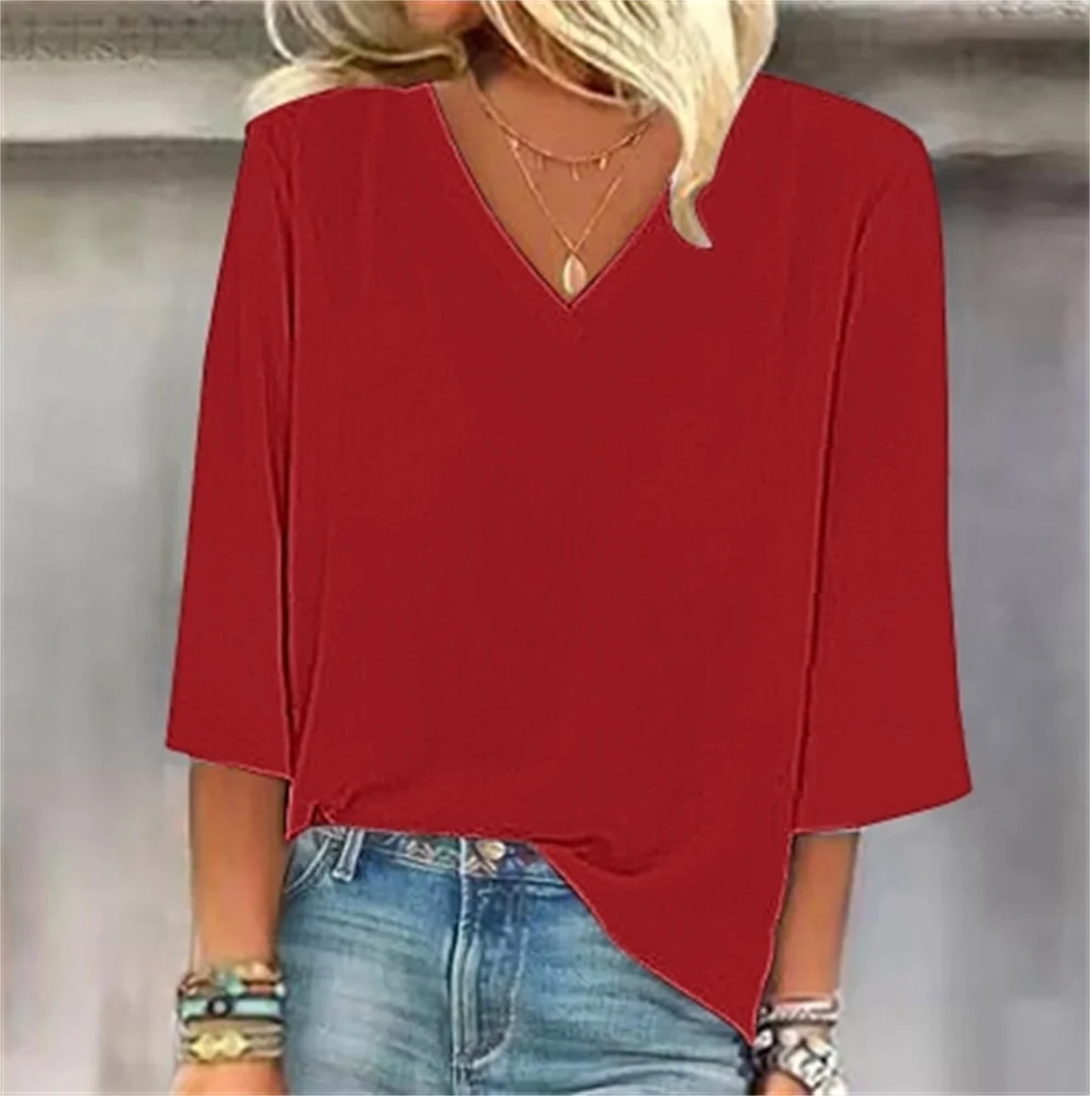 

Solid color V-neck 7-inch sleeve women's casual T-shirt