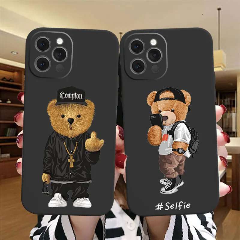 

Fashion Brand Bear Phone Cover For iPhone 11 12 13 14 15 16 Pro Max 14 15 16 Plus 16E Cute Black Soft Silicone TPU Case