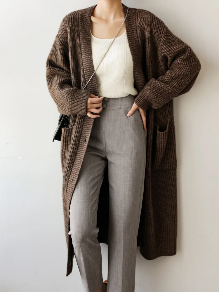 Vintage Elegant V-neck Single Breasted Long Knitted Cardigan Autumn Winter Thick Warm Long Sleeve Pockets Coat Women Casual Tops