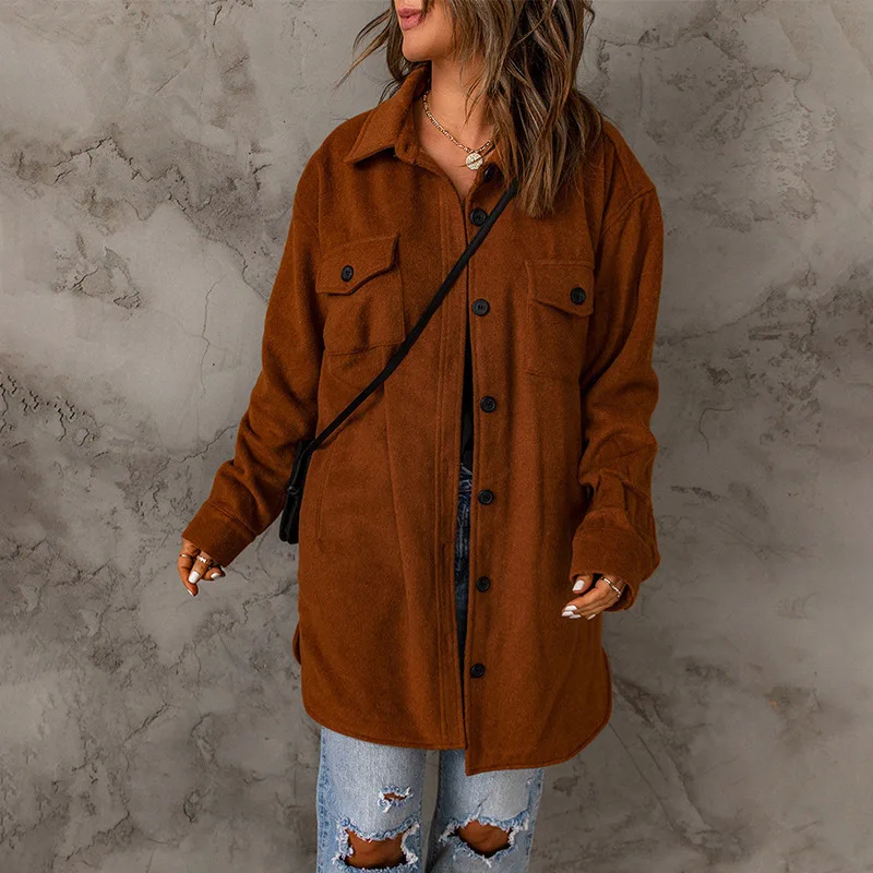 Corduroy Coat Women\'s Winter European and American New Solid Color Single breasted Casual Polo Coat