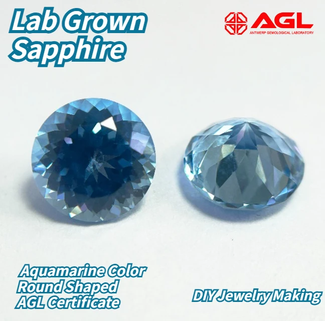 

Lab Grown Sapphire Aquamarine Color Round Shaped Extremely Shiny Quality Advanced Jewelry Making Materials AGL Certificate
