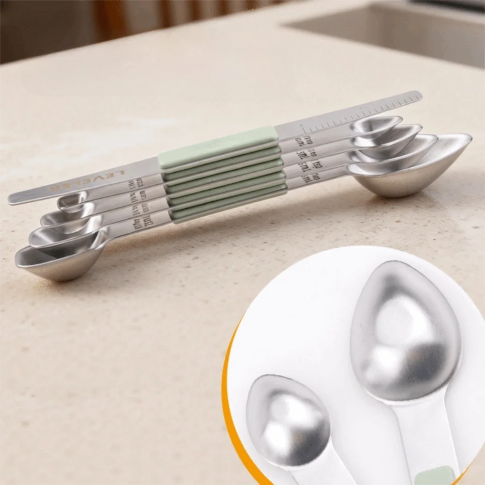 5PCS/SET Stainless Steel Magnetic Measuring Spoon Dual Head Graduated Markings Coffee Spoon with Leveler Non-slip Design