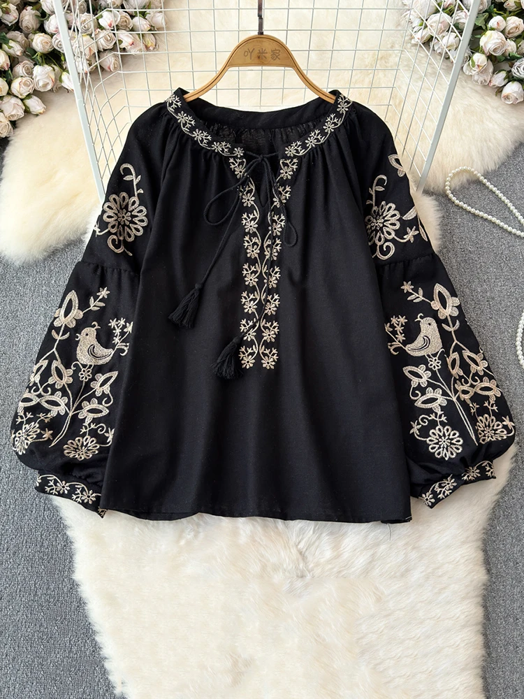 Sleeves Fashion Tops Bohemian Style 2024 Summer New Embroidered Design Loose Blouse Women Lace-up Collar Lantern