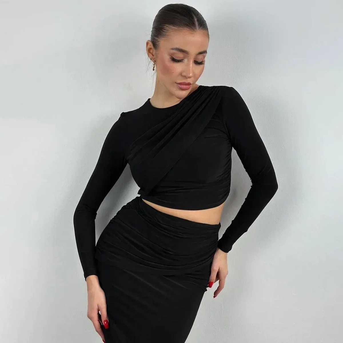 Pleated Two 2 Piece Sets Evening Prom Dress Womens Outfits Round Neck Irregular Tank Tops and Long Casual Skirt Matching Set
