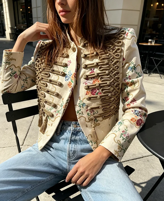 Vintage Napoleon Cropped Jacket Women Luxury Floral Embroidery Stand Collar Short Blazer Fringe Hem Long Sleeve Street Outerwear