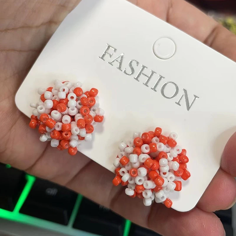 NEW - Orange and White Mix 15mm Small Seed Bead Topper 1 Pair All Stainless Steel Stud Beaded Dome Finding Pom Style Connector