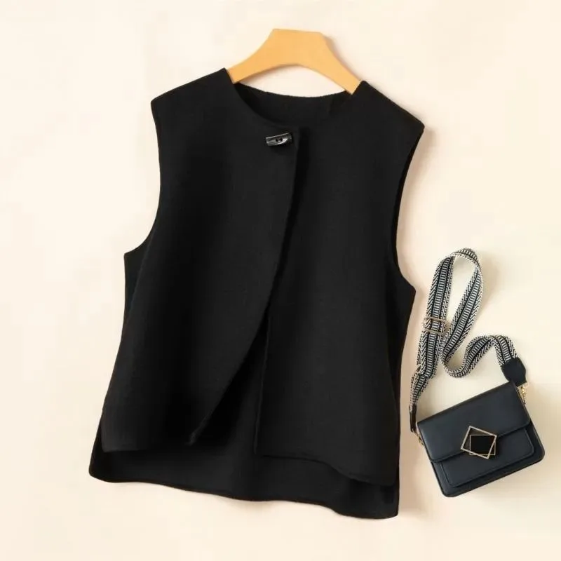 

Весенне-осенний пуловер с круглым вырезом и пуговицами, однотонный пуловер без рукавов, жилет, модный повседневный топ