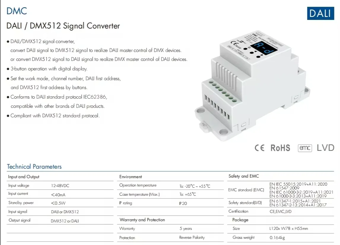 DMC 12-48VDC DALI/DMX512 Signal Converter LED Controller With Digital Display Compatible With DALI Product From Other Brand