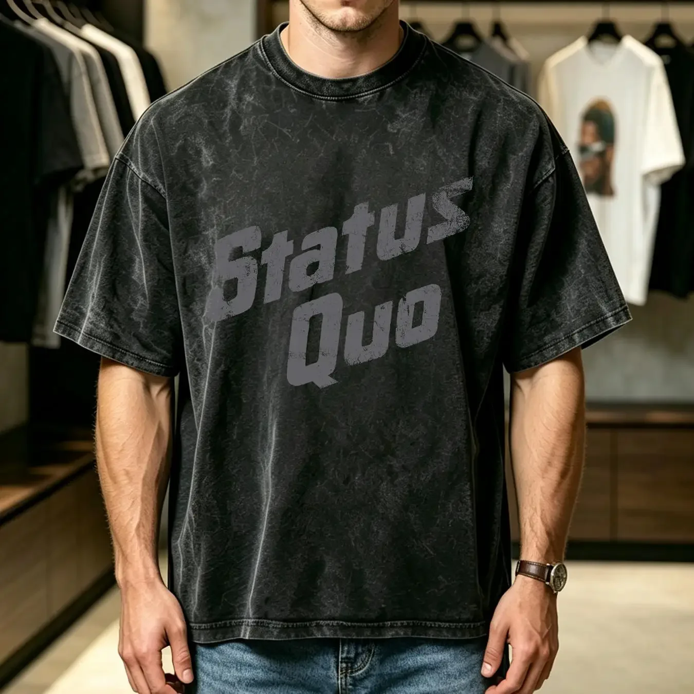washed T Shirt Status Quo Men's Vintage Retail Small Black vintage Washed Versatile Slightly Top For Everyday Wear Comfortable
