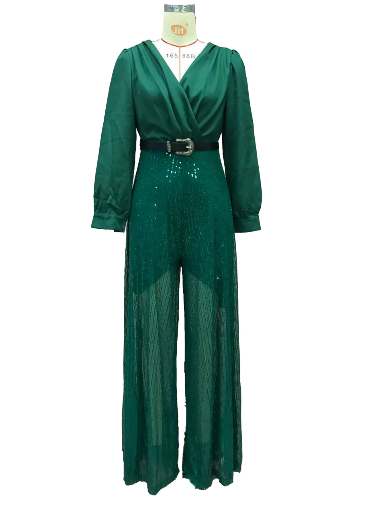 jumpsuit Women Spring Autumn, High-end V-neck Long Sleeved Shirt, Elegant Temperament, Cinched Waist, Sequins, French Wide Legs