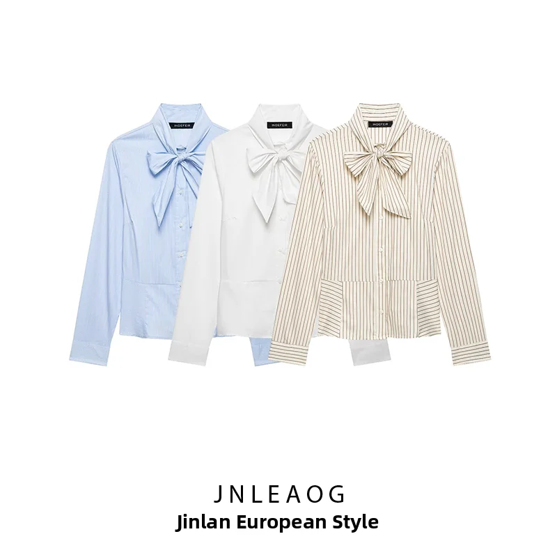 Classic Striped  Knot Shirt Versatile Fashionable Autumn New Arrival Women's Shirt Polyester Long Sleeve Slim Fit