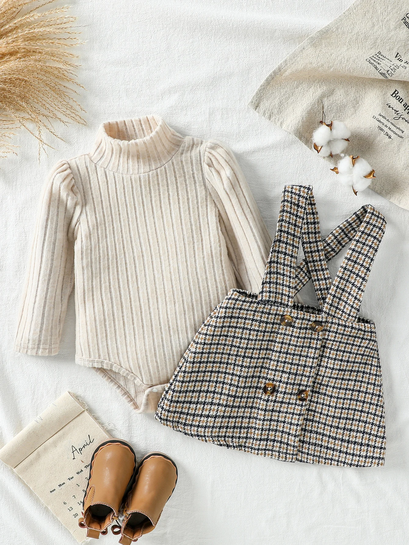 2Pcs Baby Outfit Set, Ribbed Turtleneck Long Sleeve Top + Plaid Suspender Skirt, Toddler Girls Cute Clothes 0-2Y